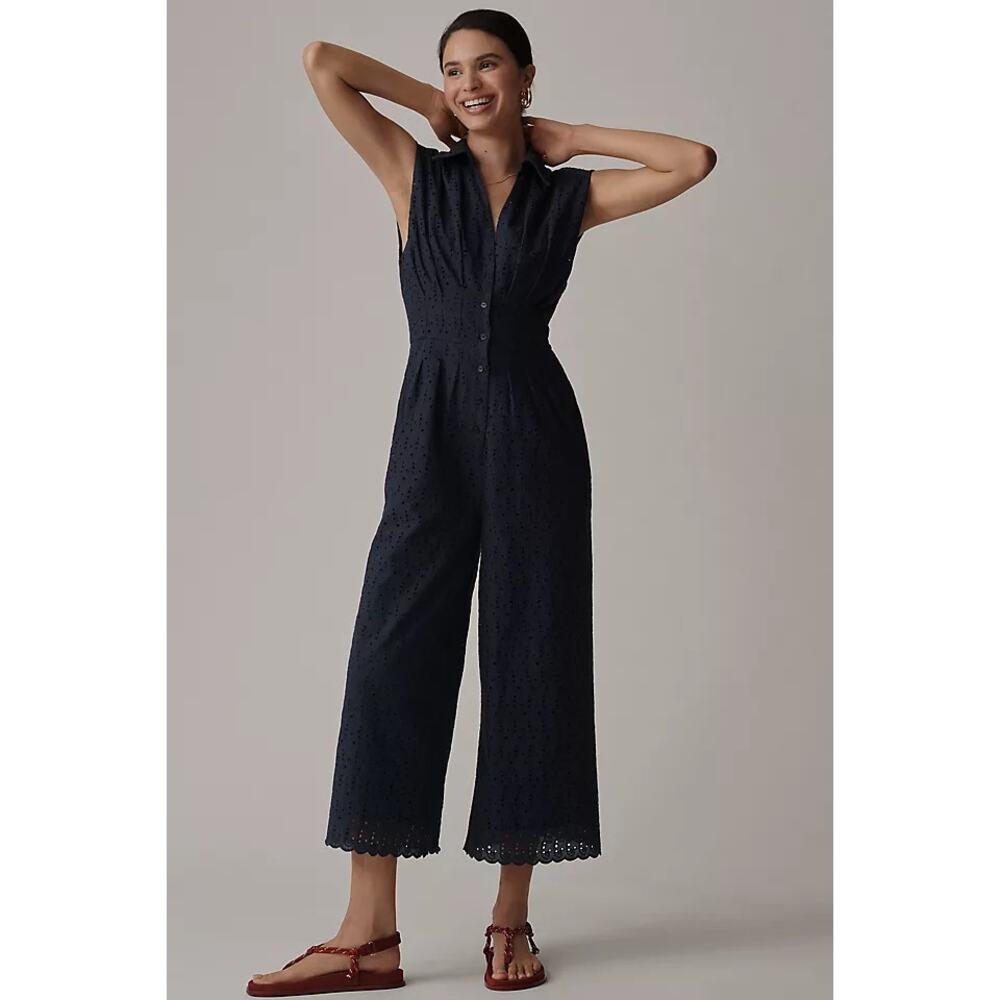 NWT ANTHROPOLOGIE EXQUISE FIONA TOBIE EYELET LACE WIDE LEG JUMPSUIT NAVY